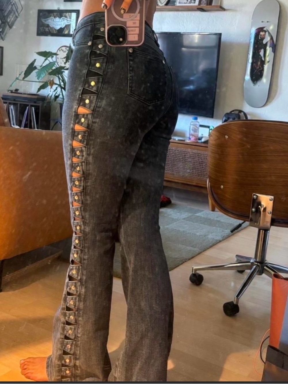 I.AM.GIA Black Acid-Wash Wide Leg Jeans with Side Cutouts